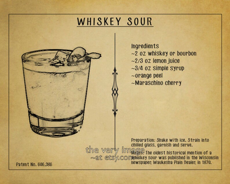 Whiskey Sour Poster Cocktail Recipe Print Bar Art Whiskey Etsy