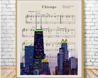 Chicago Skyline, Chicago Print, Chicago Decor, Chicago Poster Skyline, Sheet Music, Chicago Song, Chicago Wall Art #vi1812
