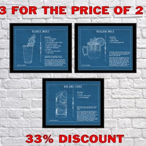 Conjunto con descuento de tres carteles con diseños de cócteles: Bloody Mary, Gin Tonic y Moscow Mule Bar Art #vi743