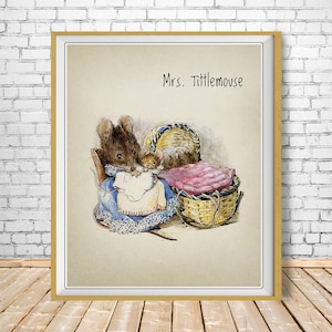 May include: A vintage illustration of a mother mouse, Mrs. Tittlemouse, sewing a white cloth while her baby mouse sleeps in a wicker basket.