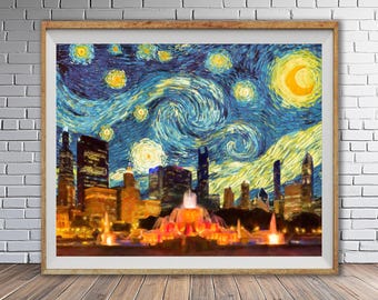 Chicago and Van Gogh's Starry Night - Fine Art Poster, Scenic Skyline #vi1656
