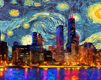 Chicago Skyline Poster Van Gogh Starry Night Print Chicago Decor Van Gogh Print Wall Art Home Decor #vi415