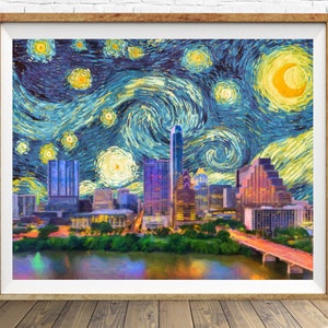Austin Skyline Poster Van Gogh Starry Night Print Texas Decor Van Gogh Print Wall Art Home Decor #vi1458