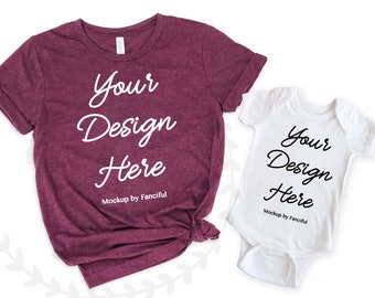 Bella Canvas Maroon Shirt Mockup, Shirt and bodysuit mockup, White Background, Bella Canvas 3001, Family shirt mockup, Bella Multiples