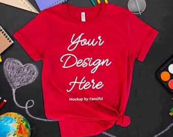 Bella Canvas 3001 Red Shirt Mockup Unisex Teacher School Flatlay TShirt Product Photography Shirt Designs Instant Digital Download