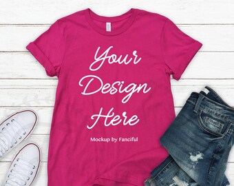 Download Free Berry Bella Canvas Shirt Mockup Pink Bella Canvas 3001 Outfit Scene White Background Flatlay Tshirt Product Photography Shirt Designs Fashion T Shirt Mockup Psd File PSD Mockup Template