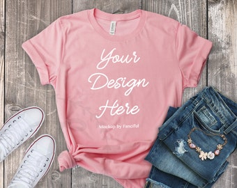 Download Flat Lay Styled Pink Shirt Mockup Bella Canvas 3001 Outfit Scene White Background Flatlay Tshirt Product Photography Shirt Designs Download Free Premium Psd Mockups