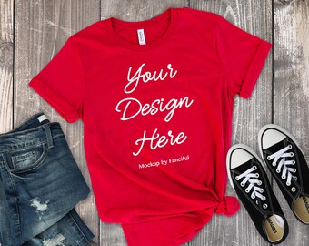 Download Red Shirt Mockup Bella Canvas 3001 Unisex Wood Background Flatlay Tshirt Product Photography Shirt Designs Free Magazine Psd Mockup Templates You Absolutely Need To See PSD Mockup Templates