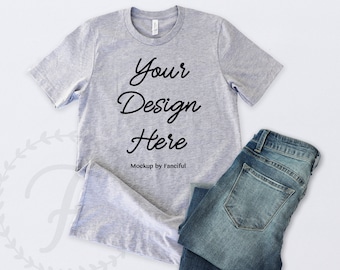 Flat Lay Styled Grey Shirt Mockup Bella Canvas 3001 Outfit Scene White Background Flatlay Tshirt Product Photography Shirt Designs Gray Templates T Shirt Mockup Psd File