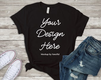 Black Shirt Mockup Bella Canvas 3001 Unisex Outfit Scene White Etsy