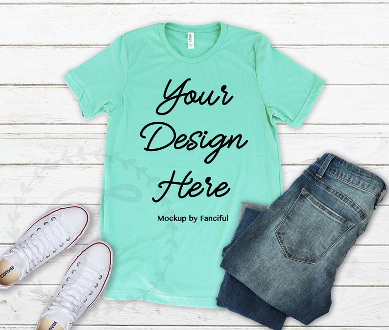 Download Mint Shirt Mockup Flat Lay Bella Canvas 3001 Mint Green ...