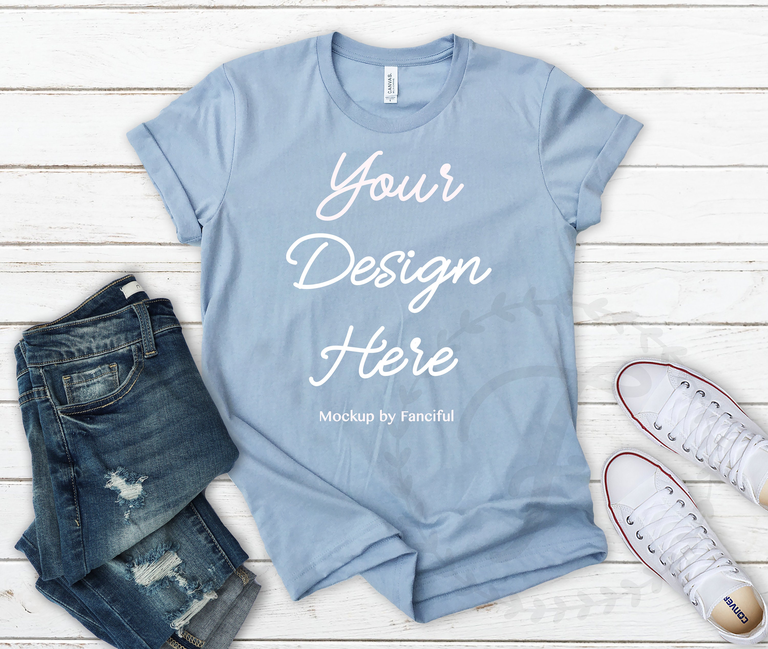 Download Light Blue Shirt Flat Lay Mockup Bella Canvas 3001 Light ...