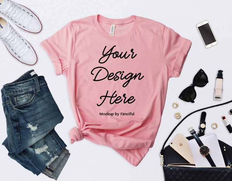 Download Flat Lay Styled Pink Shirt Mockup Bella Canvas 3001 Outfit | Etsy