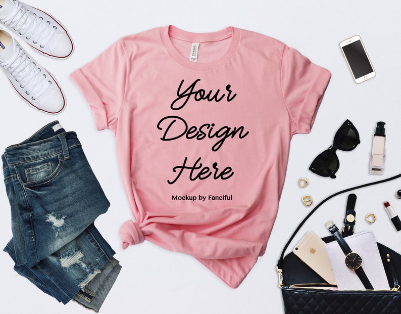 Download Flat Lay Styled Pink Shirt Mockup Bella Canvas 3001 Outfit ...