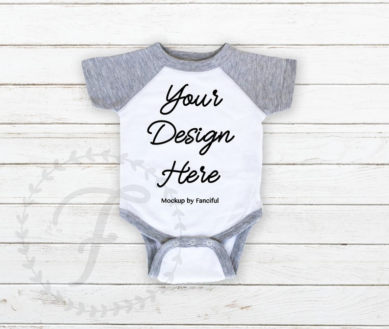 Grey and White Shirt Baseball Tee Raglan Bodysuit Baby Toddler Flat Lay Mockup Bodysuit Flatlay TShirt Add your design image 1