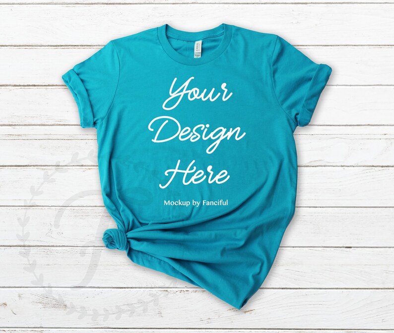 Blue Aqua Shirt Flat Lay Mockup Bella Canvas 3001 Light Wood Etsy