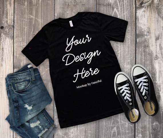 Black Shirt Mockup Bella Canvas 3001 Unisex Wood Background Etsy