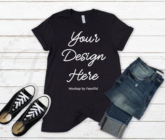Black Shirt Mockup Bella Canvas 3001 Unisex Outfit Scene White Etsy