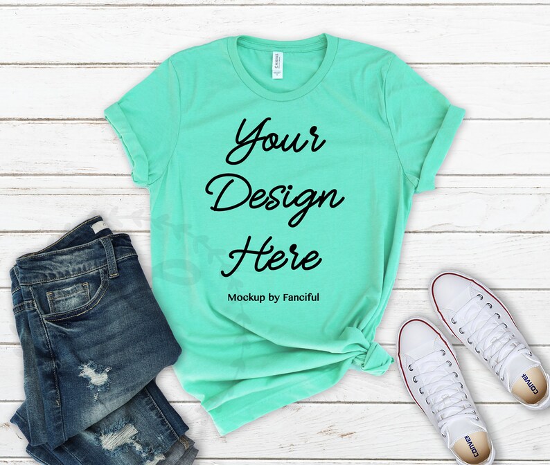 Download Mint Shirt Mockup Flat Lay Bella Canvas 3001 Mint Green ...