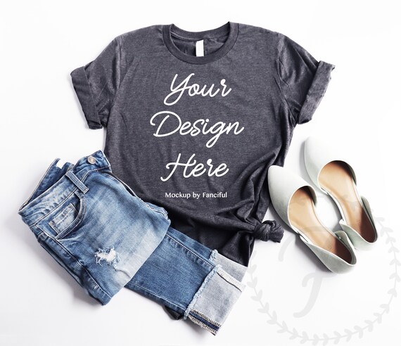 Gray t-shirt mockup Bella Canvas 3001 Dark Heather Grey Mockup Flat Lay mockup Grey unisex adult shirt Bella Mockup