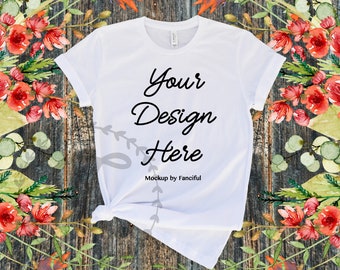 White Bella Canvas Shirt Mockup 3001 Wood Background Flatlay TShirt Product Photography Designs Floral Flowers Digital Instant Download