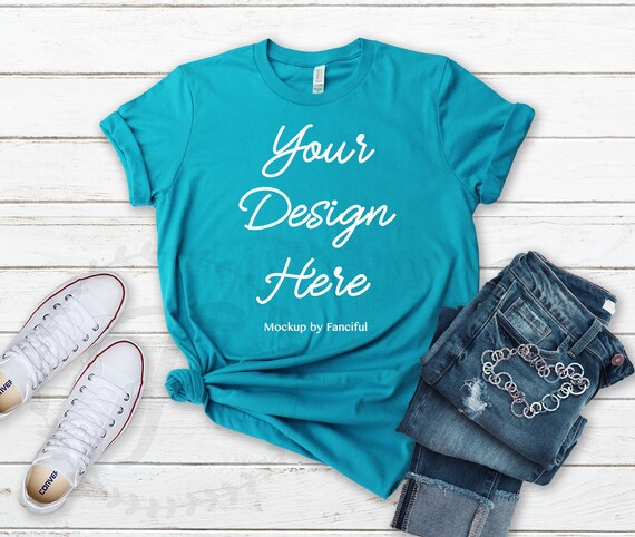 Blue Aqua Shirt Flat Lay Mockup Bella 