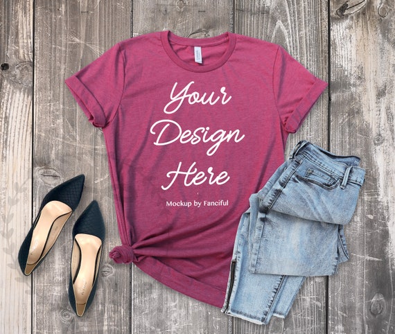 Heather Raspberry Shirt Mockup Flat Lay Bella Canvas 3001 Wood Etsy