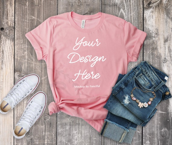 Flat Lay Styled Pink Shirt Mockup Bella Canvas 3001 Outfit Etsy