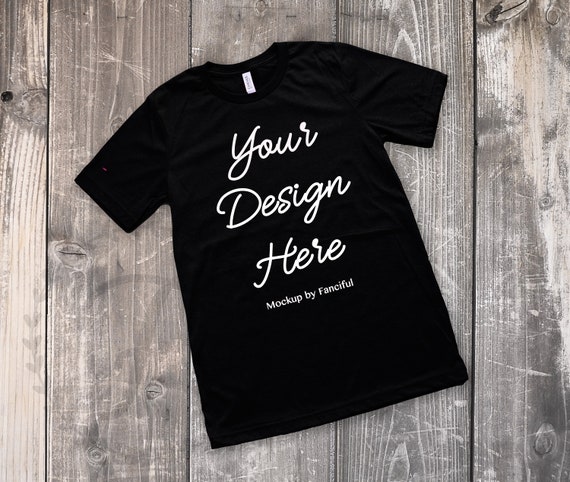 Download Black Shirt Mockup Bella Canvas 3001 Unisex Wood Background Etsy