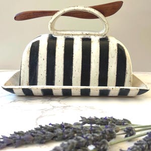 Ceramic Butter Dish – French Country Style – Striped Butter Keeper Speckled Stoneware – Cottagecore Kitchen Decor – Rustic Pottery