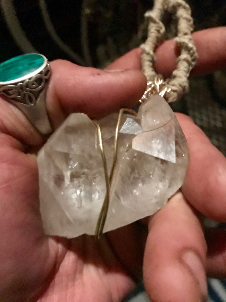 Double Crystal Tips wrapped in gold wire and attached to an 24\u201d all Natural Hemp woven necklace