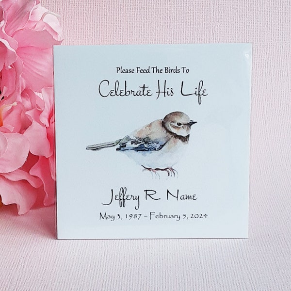 Celebrate Her/His Life, funeral favors, memorial, in loving memory, funeral flower seeds, sympathy, bird seed favors, celebration of life