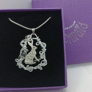 HARE NECKLACE, silver aluminium wire, stainless steel chain, girls women&#39;s jewellery - handmade rabbit - gift boxed present jcn022