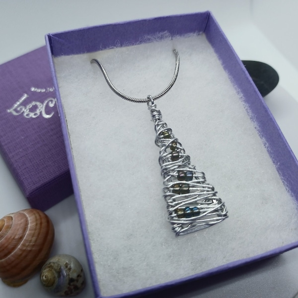 Handmade Christmas Necklace-  Abstract Xmas Tree Pendant, silver aluminium wire, green beads, original, boxed gift for her Locketmaid b10