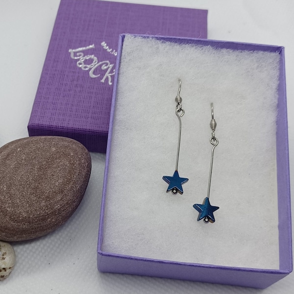 Christmas Star EARRINGS, silver and blue haematite, simple dangle drop, non allergenic stainless steel posts, Xmas a1