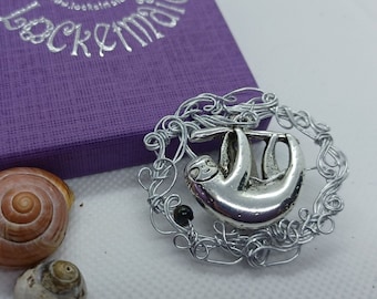 Sloth Brooch pin, silver aluminium, unusual girls ladies birthday present, handmade in Wales, women's boxed gift jcp023