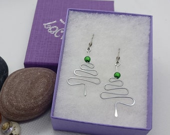 Handmade Xmas Tree Earrings, silver hammered aluminium, different unique original, drop dangle, non allergenic, boxed present. a4