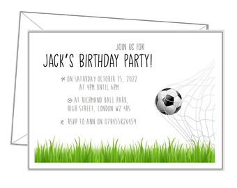 Invitation / Thank you Card, 10 + envelopes, any message or blank, Personalised, FOOTBALL SOCCER Boys Birthday Party invites