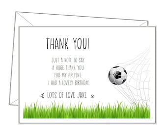 FOOTBALL Personalised Thank you Card, 10 + envelopes, any message or blank, Invitation, Boys Birthday Party Soccer invites