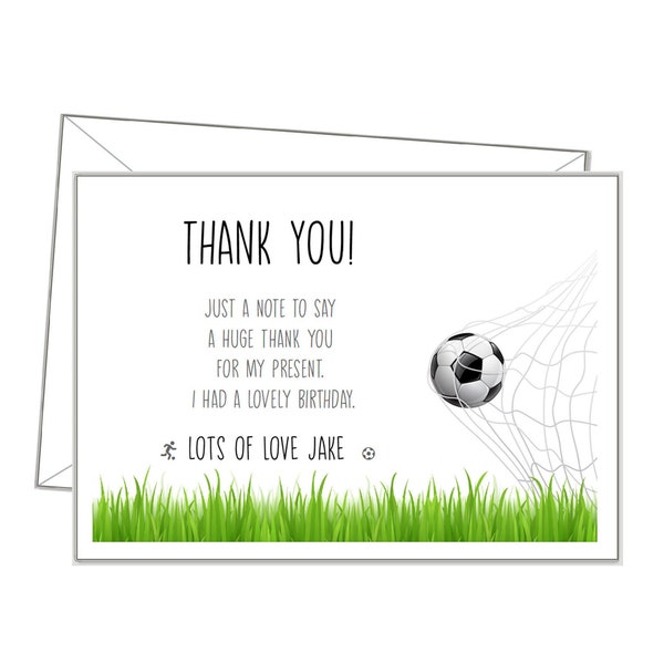 FOOTBALL Personalised Thank you Card, 10 + envelopes, any message or blank, Invitation, Boys Birthday Party Soccer invites