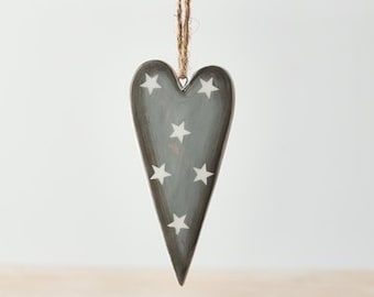 Heart Decorations, SET OF 6, Grey Ceramic, Christmas hanging bauble ornament, 10cm, modern Scandinavian Nordic Xmas