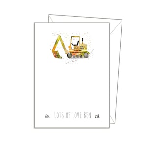 DIGGER NOTE CARDS, pk 10 & envelopes, Personalised any message or blank, Boys jcb truck car writing paper stationery gift notecards sc13