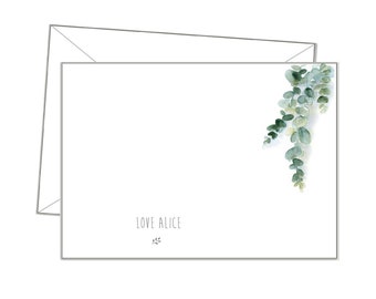 Personalised NOTE CARDS, 10 + envelopes, any message or blank, notecards, writing paper, stationery, Green Eucalyptus Leaves