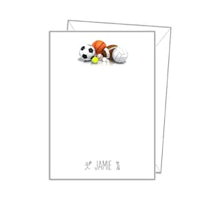 SPORTS NOTE CARDS, pk 10 & Umschläge, personalisiert jede Nachricht oder leer, Jungen Rugby Golf Tennis Schreibpapier Briefpapier Geschenk Notecards sc19