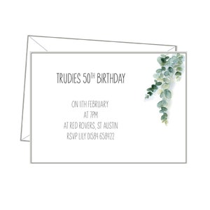 Personalisierte EUKALYPTUS INVITES, 10 Einladungen + Umschläge, passende Dankeskarten, Geburtstagsparty Hochzeit Verlobung, Blätter Natur