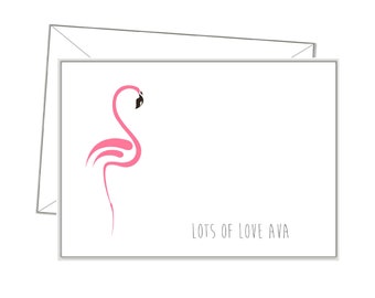 NOTECARDS - FLAMINGO ,  Personalised any message or blank, 10 + envelopes, note cards, girls  pink notepaper, stationery gift
