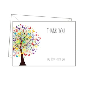 Tarjeta de agradecimiento personalizada, árbol de mariposas, más de 10 sobres, cualquier mensaje o en blanco, invitaciones coincidentes Invitaciones a la fiesta de cumpleaños