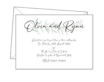 Wedding Invitations, Budget, 10 Invites, Eucalyptus Leaves, Personalised Customisable, Reception Evening Day