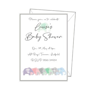 BABY DOUCHE UITNODIGEN pk 10, uitnodigingen voor een douchefeestje, olifanten. A6 bijpassende bedank- en gezelschapsspellen - bingovoorspellingen