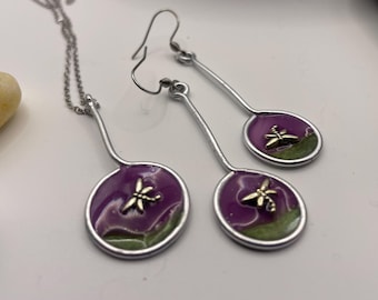 Resin Dragonfly Necklace and Dangle Earrings Set, Purple Green, Stainless Steel Chain